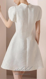 EARTHA WHITE PUFFY HOLLOW BROCADE MINI DRESS