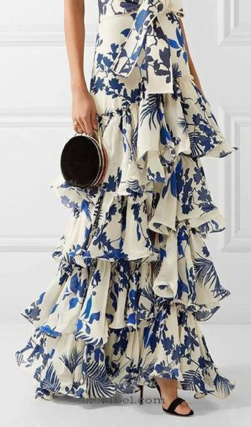 CAROLINE SLEEVELESS RUFFLED PRINT HALTER MAXI DRESS