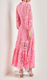 TARA PINK LACE EMBROIDERED LONG SLEEVE MIDI DRESS