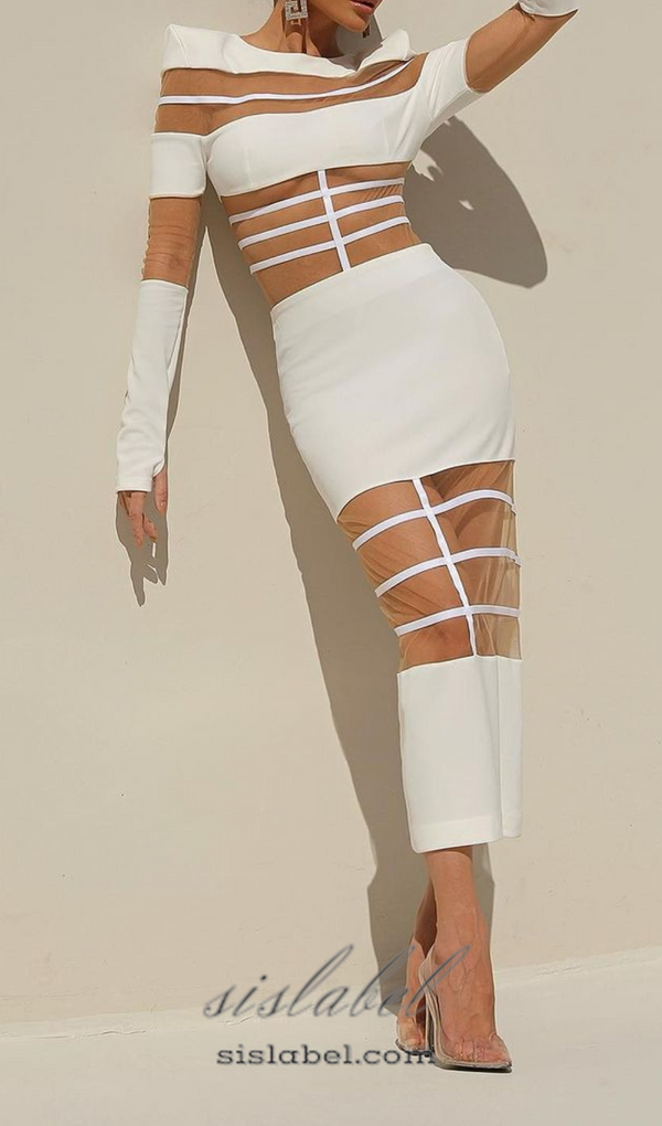 DORIS LONG SLEEVES MESH INSERT MIDI DRESS IN WHITE