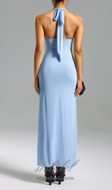 HALTER FLOWER MESH ASYMMETRICAL DRESS IN BLUE