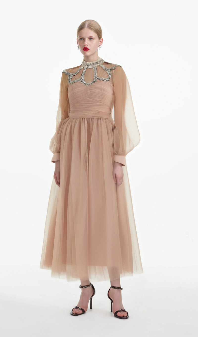 Calixte pink embellished tulle midi dress