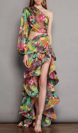 ONE SHOULDER RUFFLR TRIM PRINTED MAXI DRESS