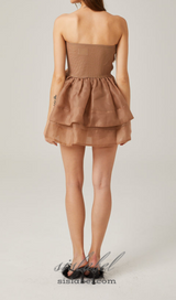 ALISA FLOWER TULLE STRAPLESS MINI DRESS IN BROWN