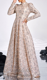 Long Sleeve Lace Back Sequin maxi Dress in gold