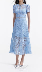 BLUE CORD LACE BOW MIDI DRESS