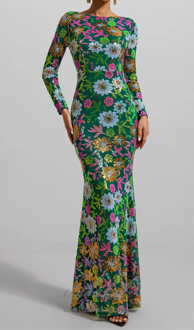 Sequin Round Neck Long Sleeve Maxi Dress in Green