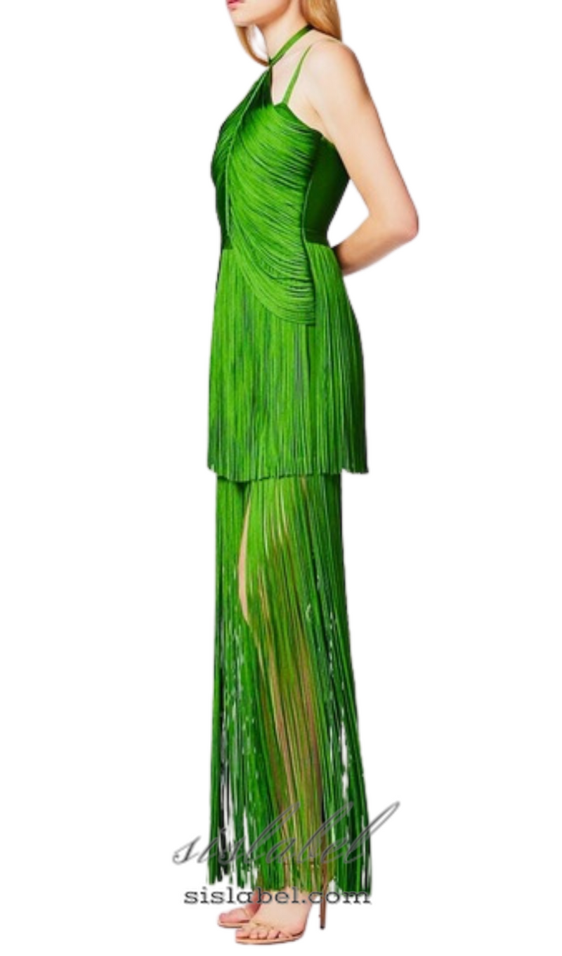 BRIANNA HALTER NECK FRINGE TASSEL DRESS IN GREEN