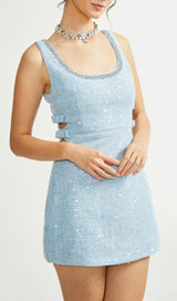 BLUE BOUCLE CUT OUT MINI DRESS