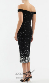 pearl polka dots embellished midi dress in black