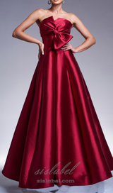 bow satin maxi dress in burgundy