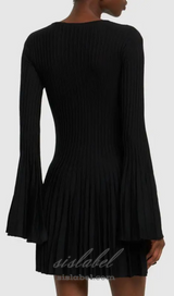 pleated wool knit long sleeve mini dress in black