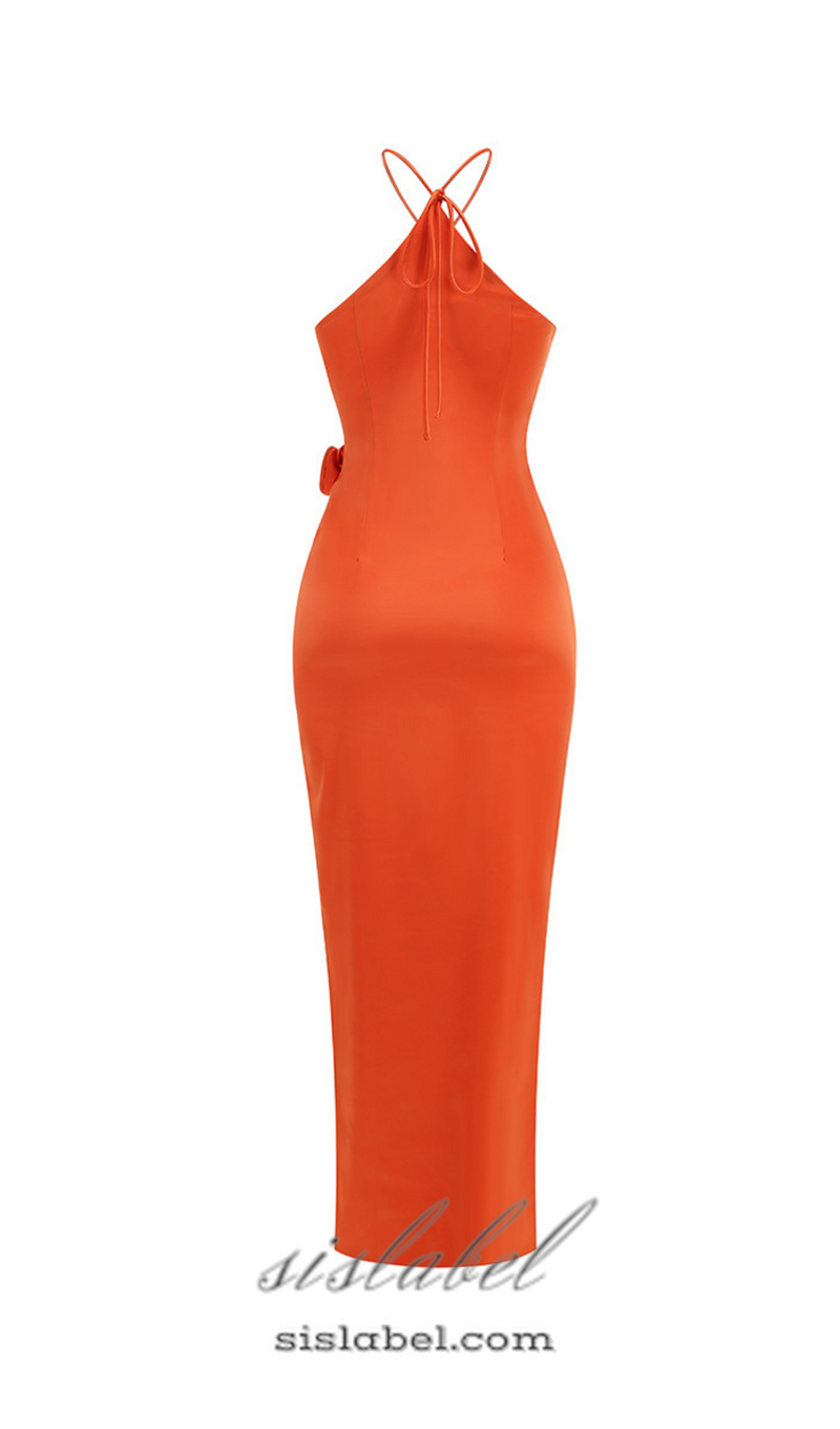 VERNA ORANGE 3D FLOWER DETAILED CUTOUT MAXI DRESS