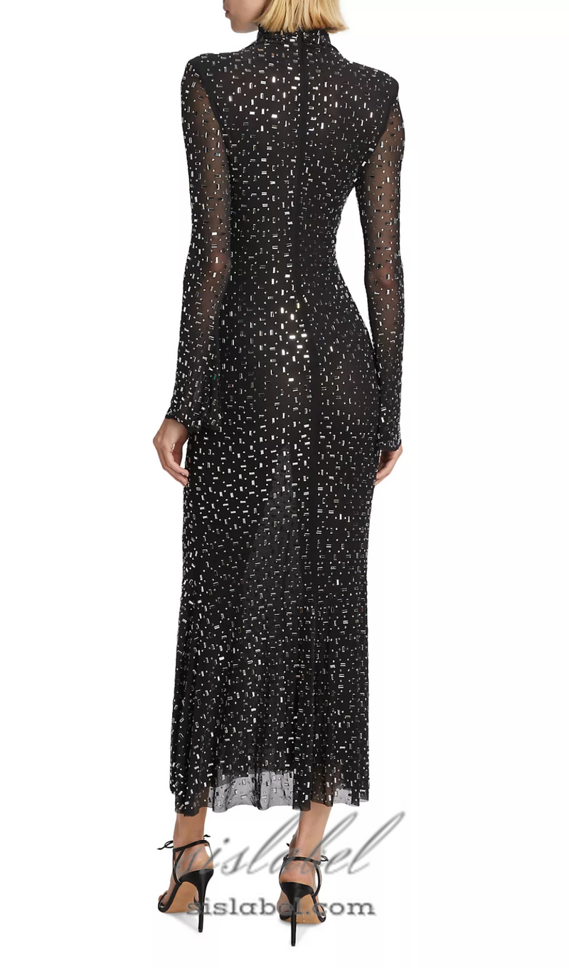 crystal Embellished Mesh Midi Dress in black