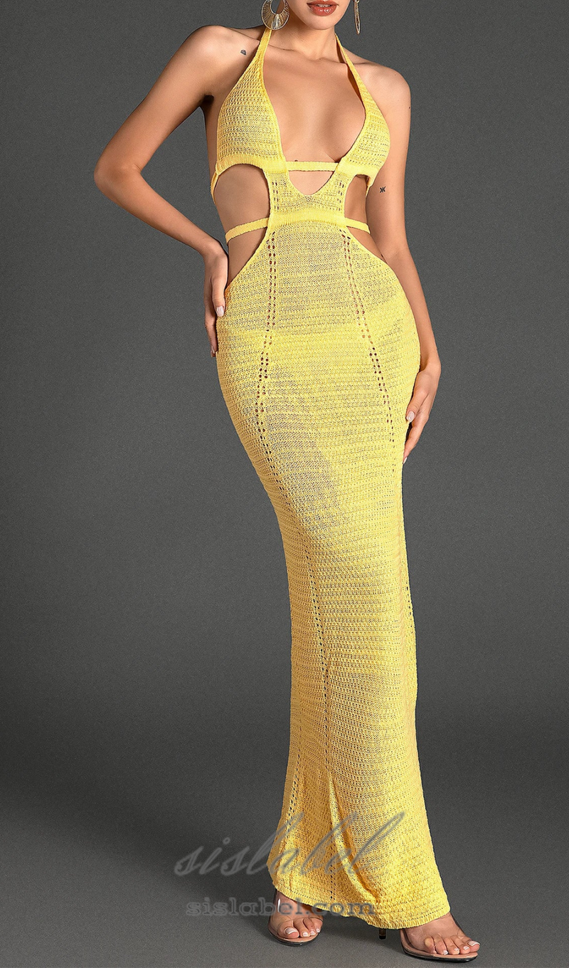 BIRIDI HALTER SHEER KNIT DRESS IN YELLOW