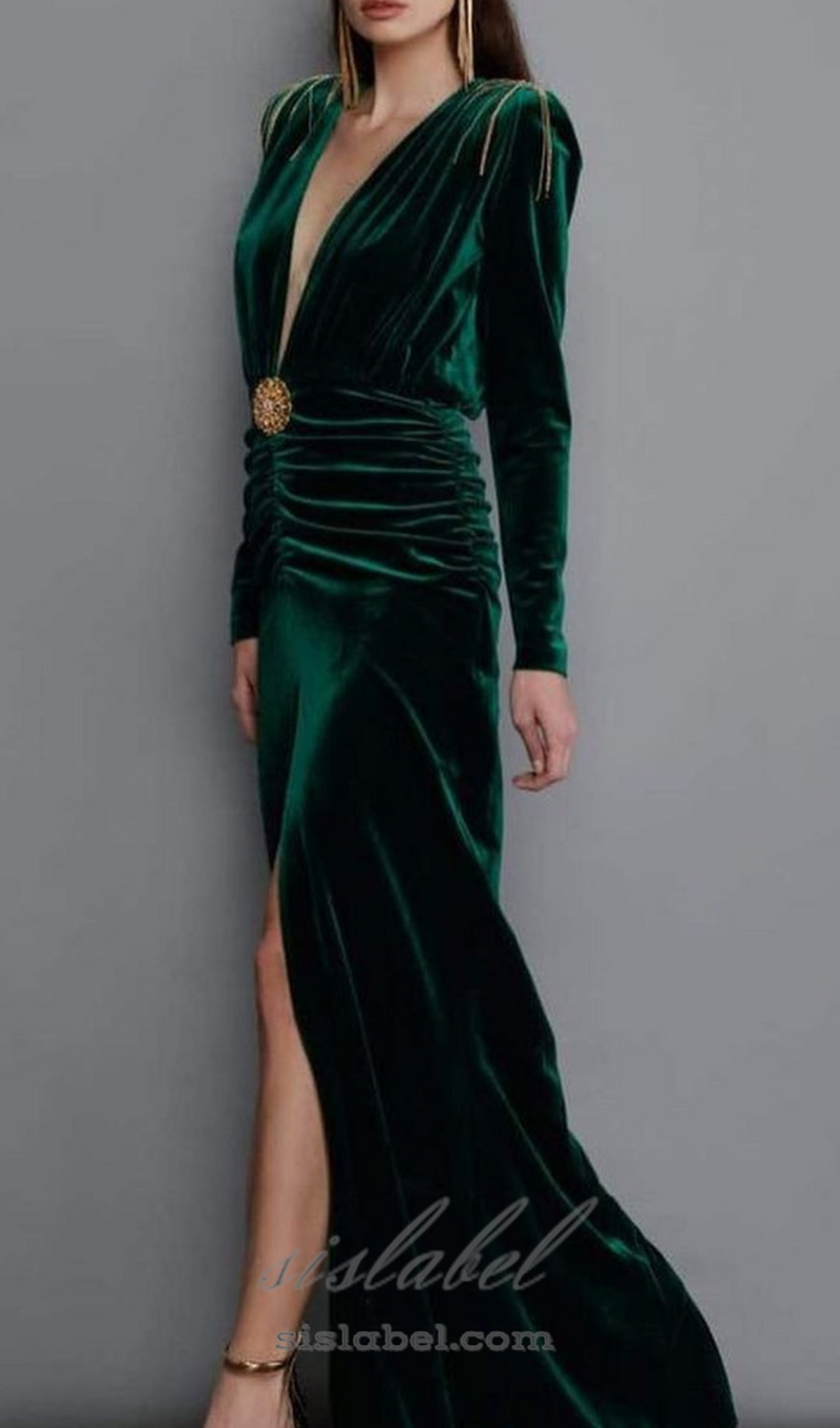 PHILIPPPA VELVET TASSEL V-NECK MAXI DRESS IN GREEN