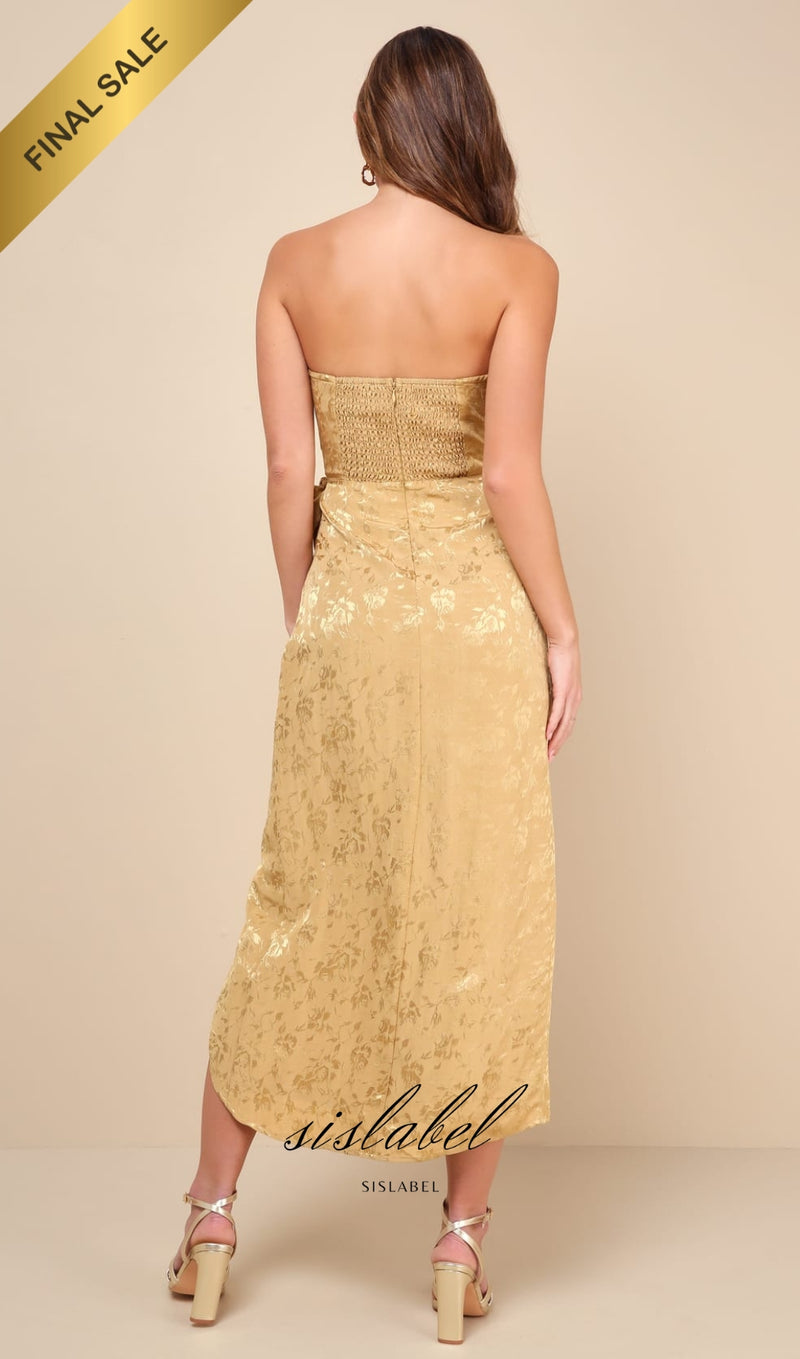 Gold Satin Jacquard Strapless Bustier Midi Dress