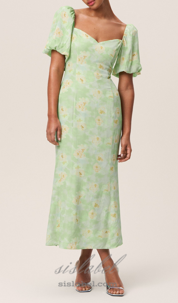 puff sleeve floral square neckline midi dress in green