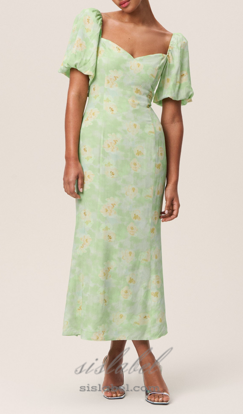 puff sleeve floral square neckline midi dress in green