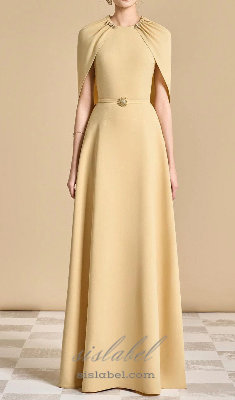 Jasmine A-line Cape Sleeved maxi Dress in yellow beige