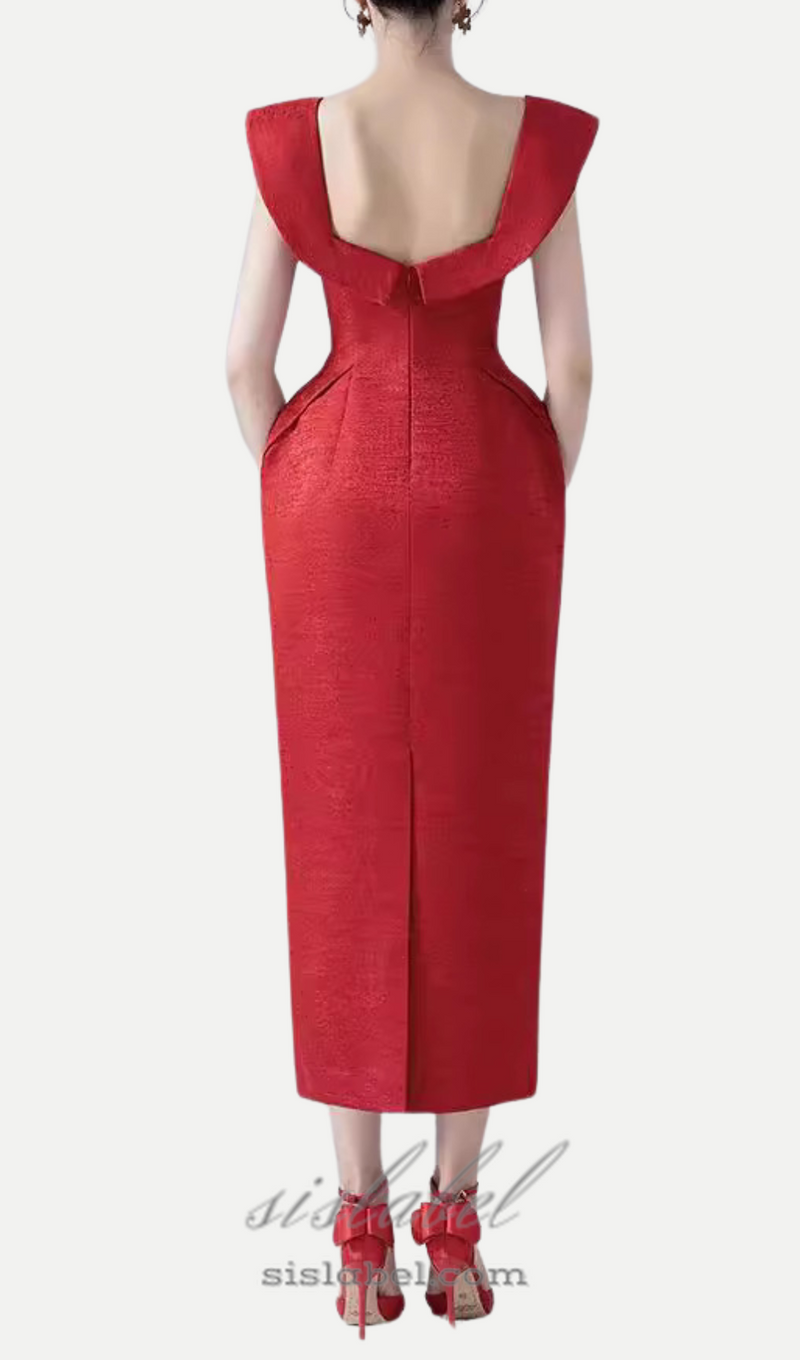 square neckline bow midi dress in red