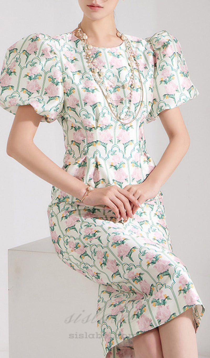 PUFF-SLEEVE FLORAL PRINTED MIDI DRESS