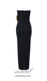 EILEEN BLACK STRAPLESS GOLD ROSE EMBELLISHED MIDI DRESS