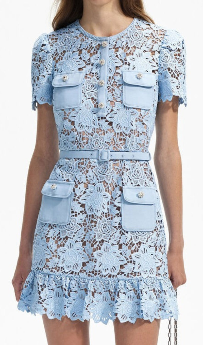 LIGHT BLUE LACE PEPLUM MINI DRESS