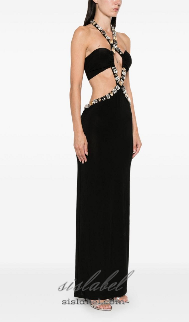 ADELA CRYSTAL EMBELLISHMENT HALTER NECK BLACK MAXI DRESS