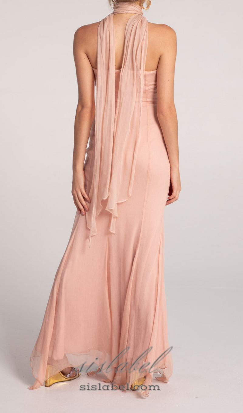 ALYSSA PINK HOLLOW BANDAGE STRAPLESS TULLE MAXI DRESS