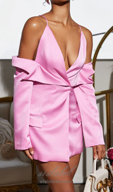 Plunge Draped Satin Blazer in pink