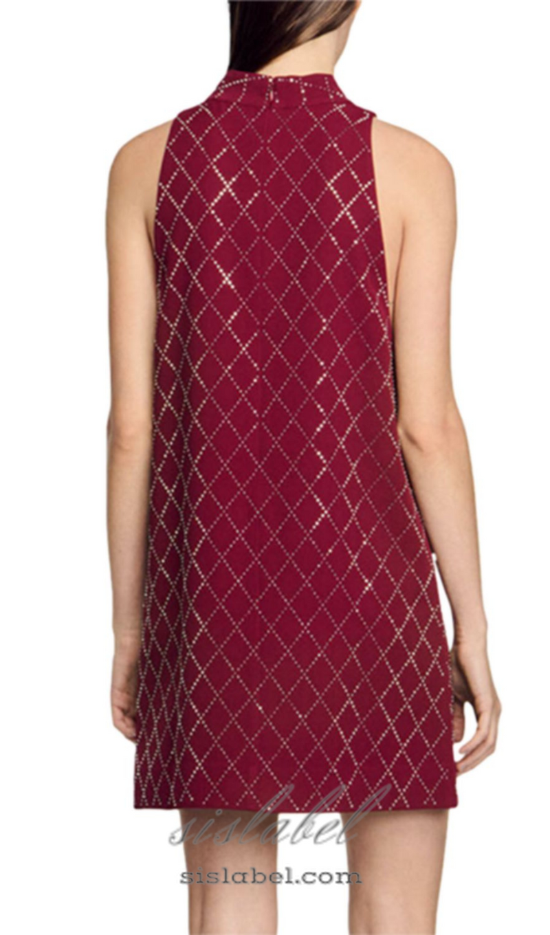 RIVA DIAMOND-SHAPED RHINESTONE PATTERN BORDEAUX MINI DRESS