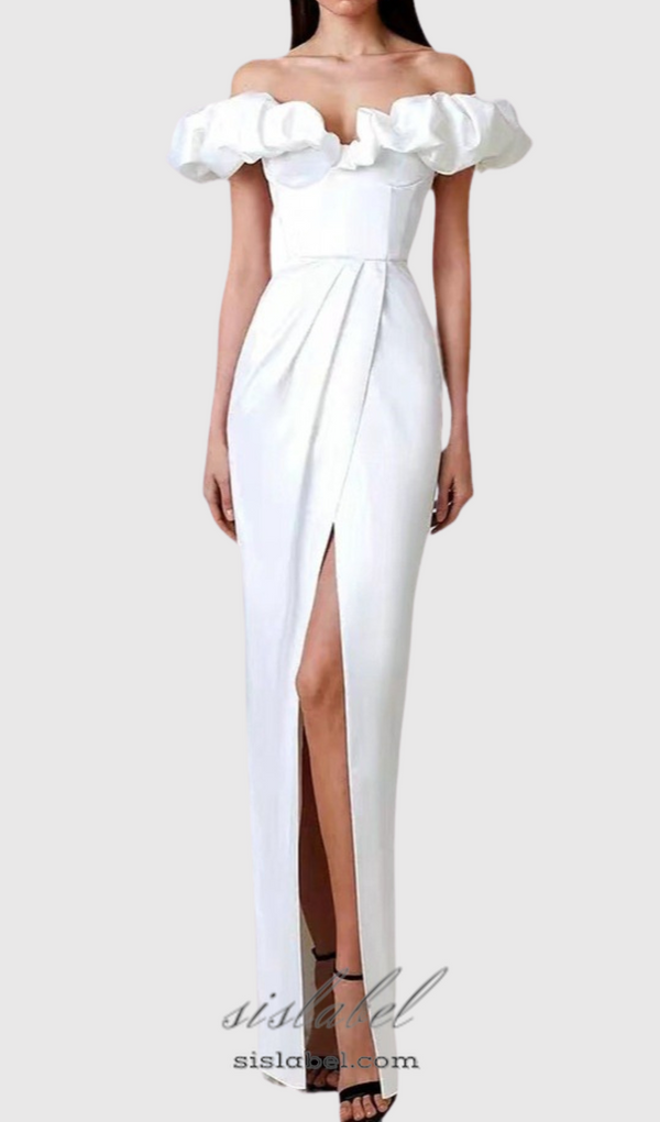 GLADYS WHITE CRYSTAL OFF-SHOULDER MAXI SPLIT DRESS