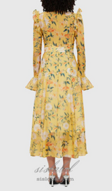 Daisy Print Butterfly Sleeve Midi Dress in yellow