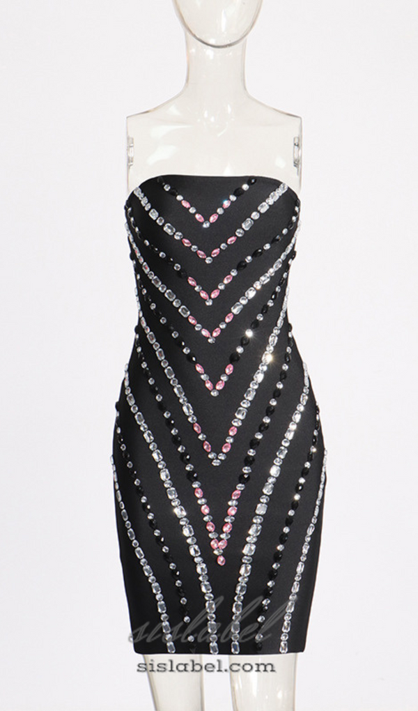 FREDA RHINESTONE PATCHWORK STRAPLESS BODYCON MINI DRESS