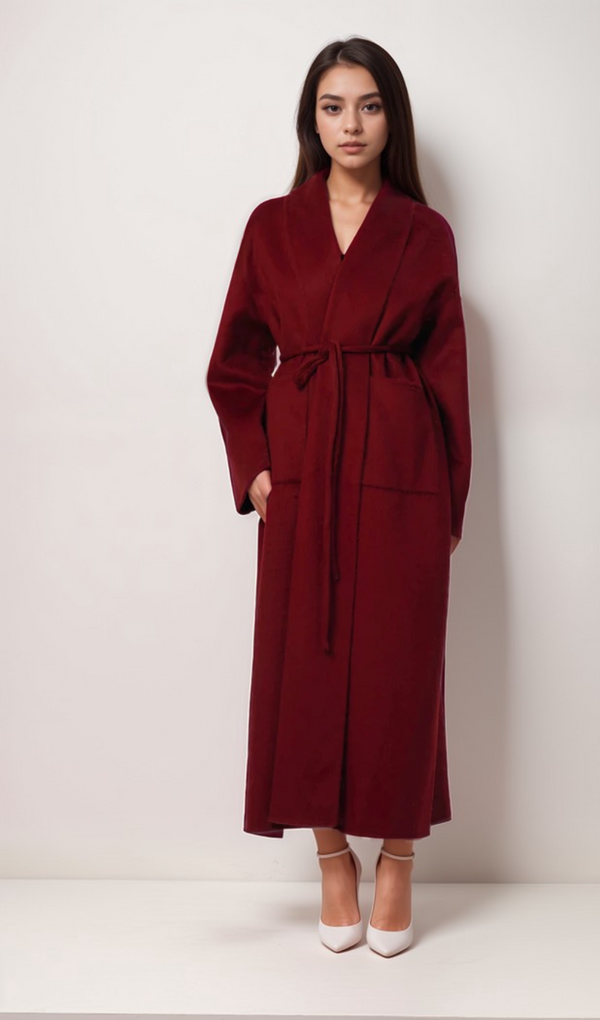 Luxurious Deep Red Belted Wool Coat with Oversized Fit