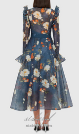 Pear Blossom Print Butterfly Sleeve Midi Dress