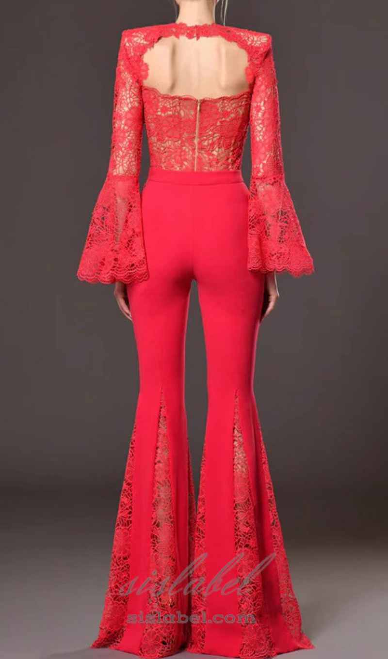 lace-embellished trumpet sleeve jumpsuits in red