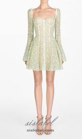 TERESA TRUMPET SLEEVE LACE EMBROIDERY MINI DRESS IN GREEN