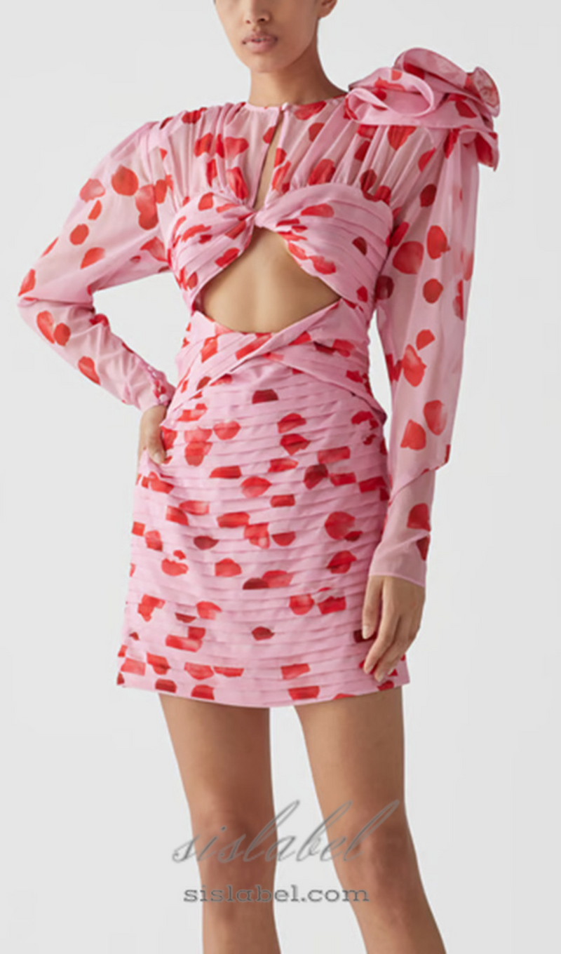 PETAL PRINT CUTOUT MINI DRESS IN PINK