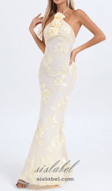 GABRIELLE EMBOIDERED FLORAL HALTER MAXI DRESS IN PALE YELLOW