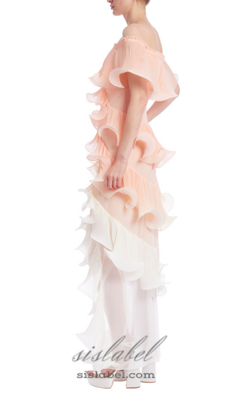 DORA PEACH MULTI OMBRE OFF-SHOULDER PLEATED ORGANZA MAXI DRESS