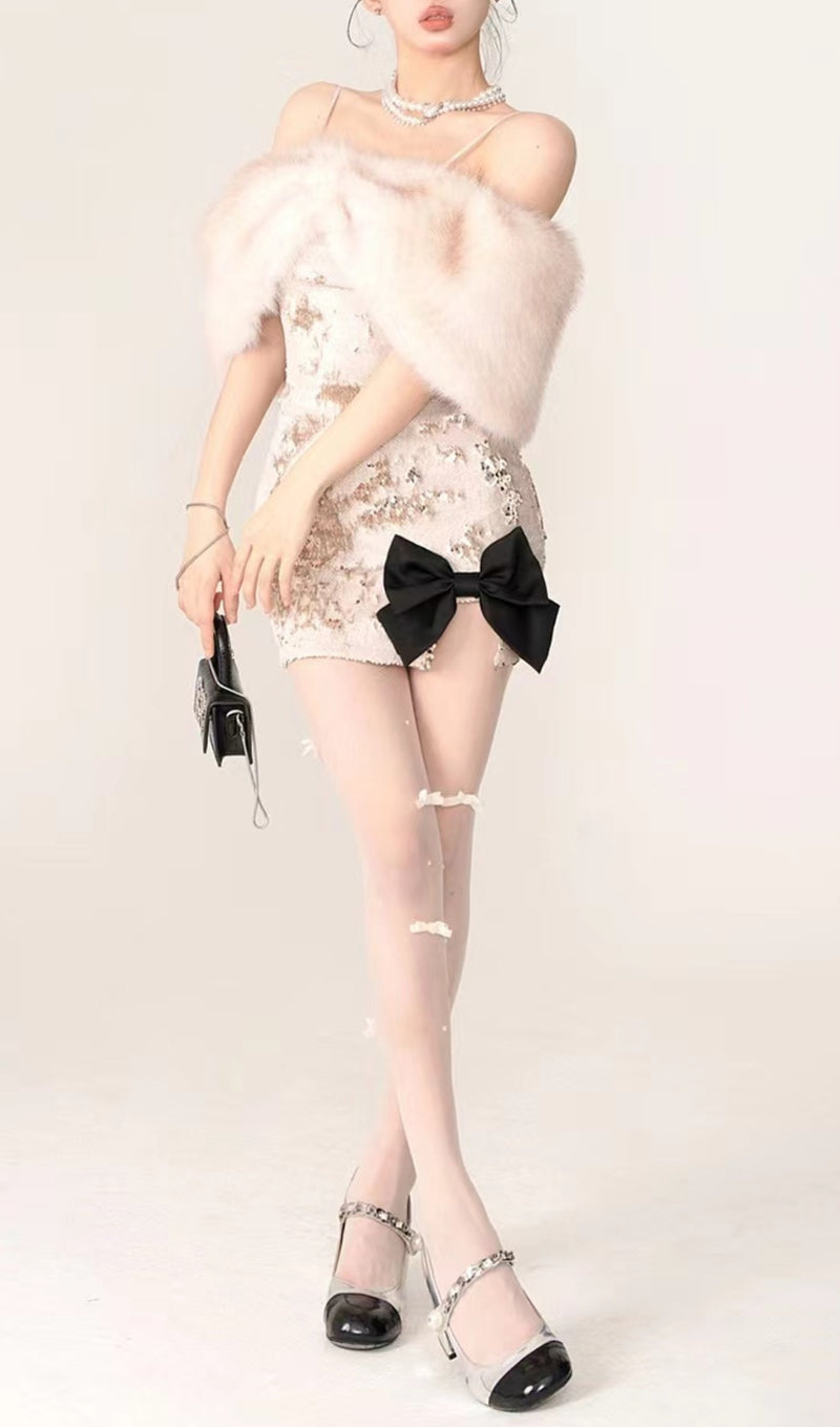 ARTIFICIAL FUR SEQUNED MINI DRESS