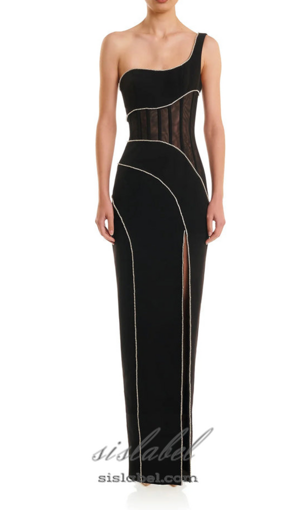 TRACY CRYSTAL STRIPE EMBELLISHED ONE-SHOULDER BLACK MAXI DRESS