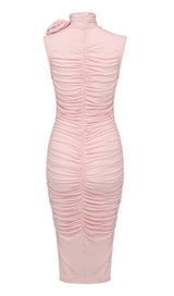 RUCHED APPLIQUÉD MIDI DRESS IN LIGHT PEACH