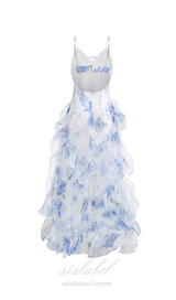 BELINDA BLUE FLORAL VERTICAL RUFFLE TRIM MAXI DRESS