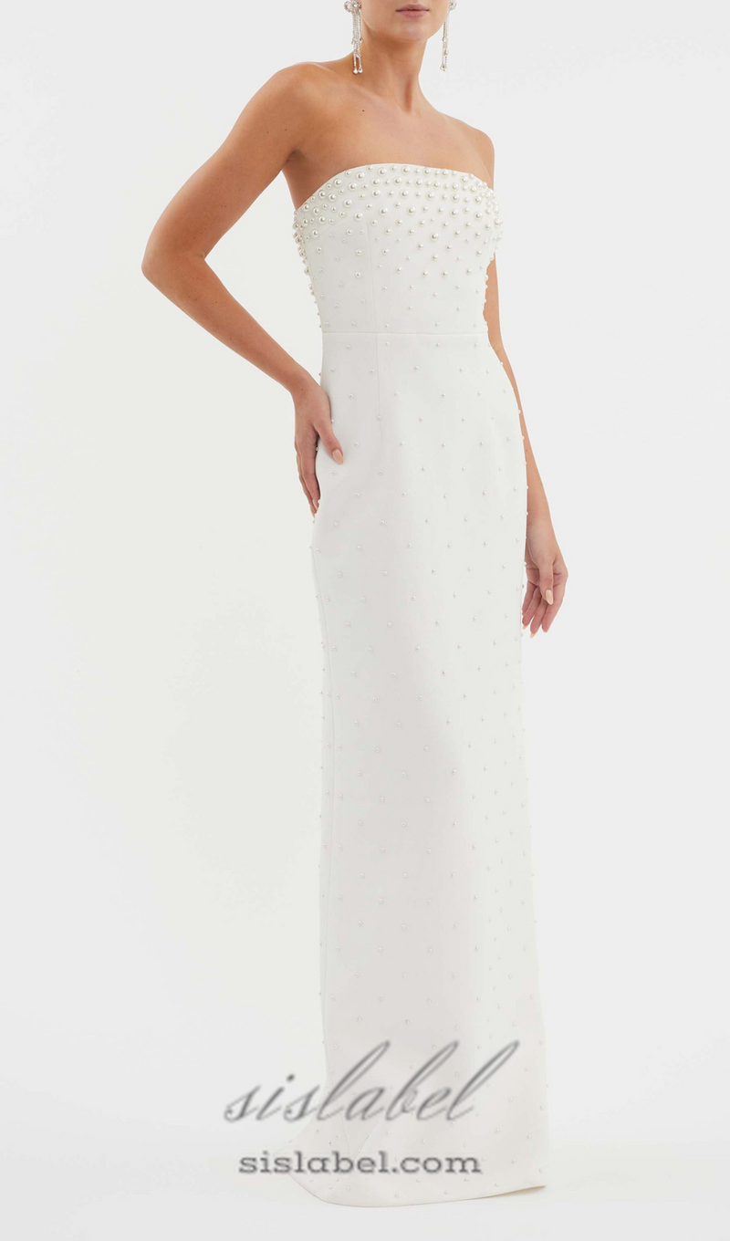 pearl-embellished strapless gown in white