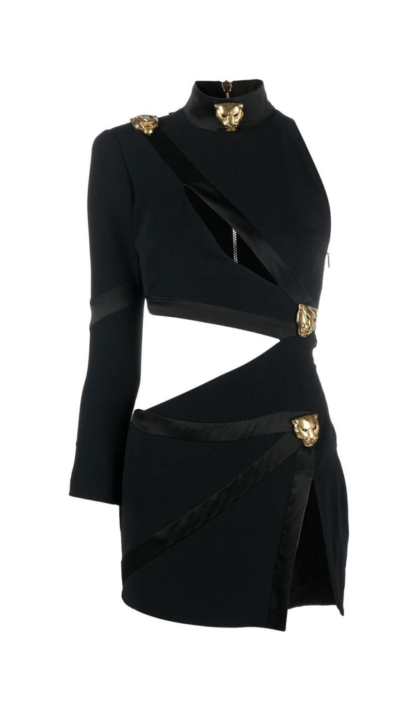 PANTHER HEAD CUT OUT ASYMMETRIC BANDAGE MINI DRESS