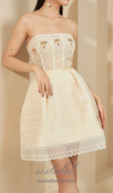 TERESA BEIGE A-LINE STRAIGHT ACROSS NECK LACE MINI DRESS