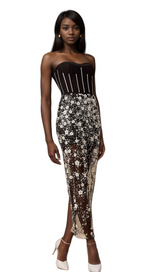 Ophélie black sequined flower corset midi dress